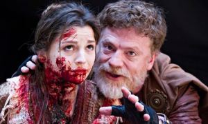 Flora Spencer-Longhurst and William Houston in Titus Andronicus at Shakespeare's Globe, London